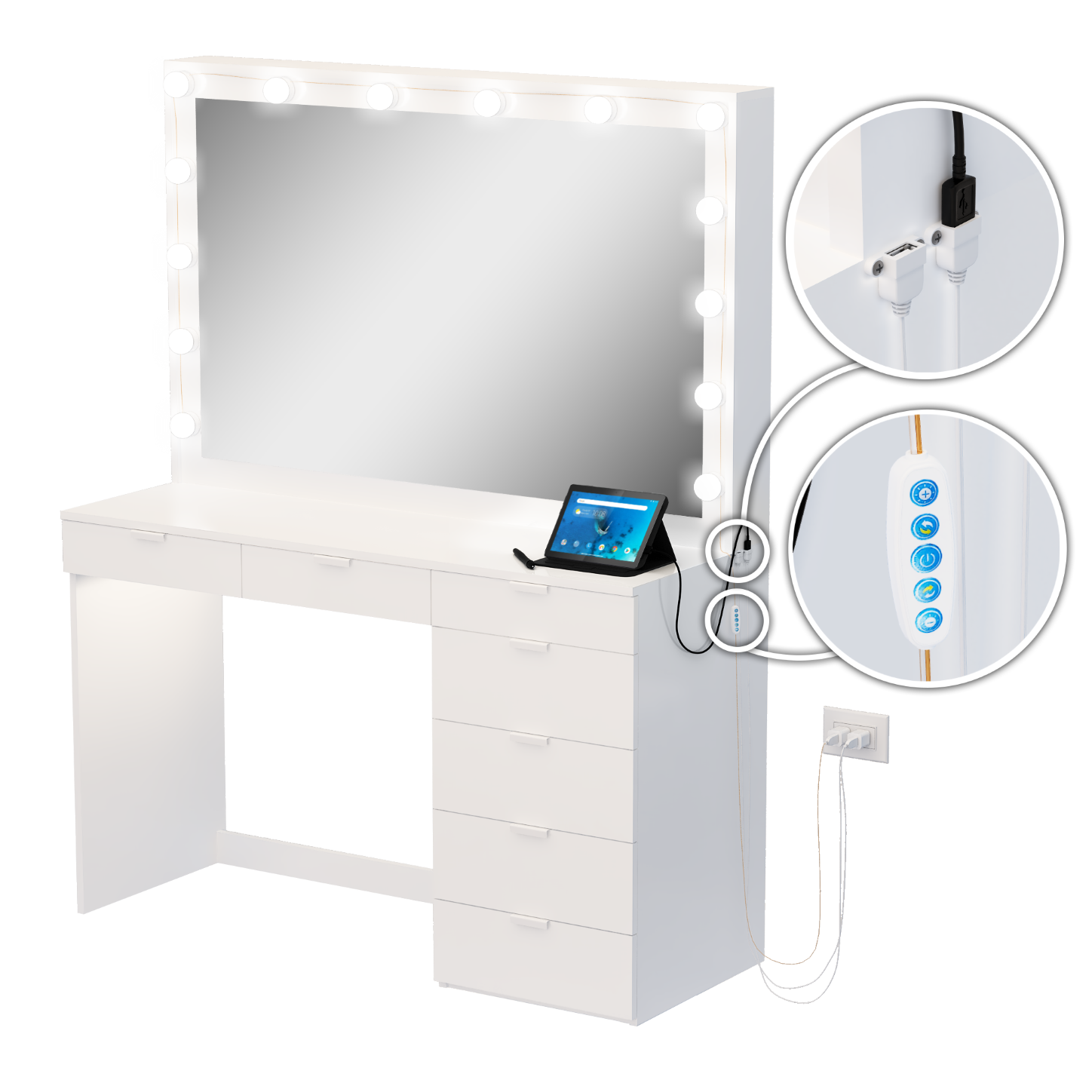 Ember Interiors Peggy Modern White Painted Vanity Table, Lights, USB Port, for Bedroom - image 2 of 6