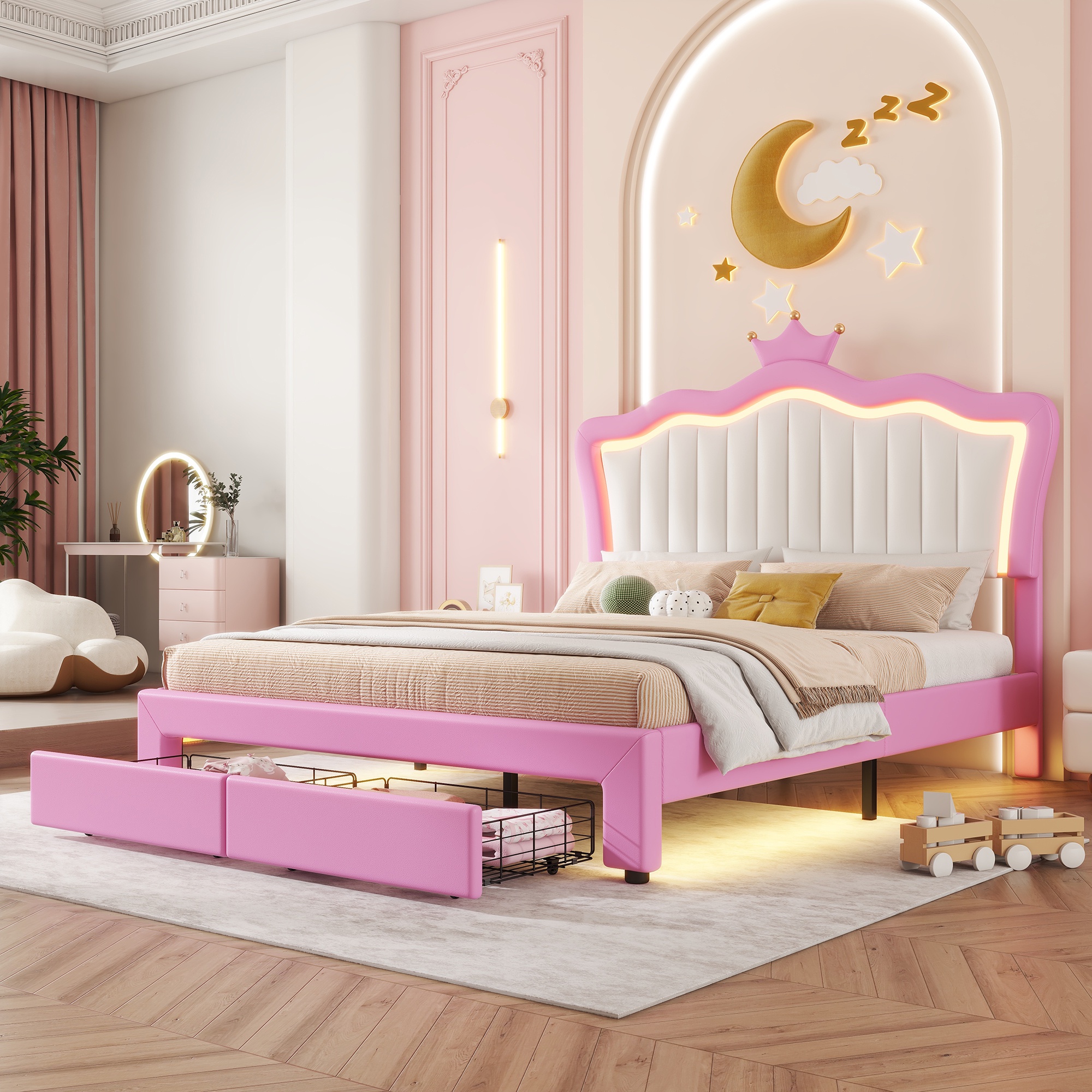 Bellemave Full Size Upholstered LED Bed with Storage Drawers, Princess Platform Bed with Crown Headboard, Pink Cute Girls Full Beds with Wooden Slats Support, No Box Spring Needed-Pink