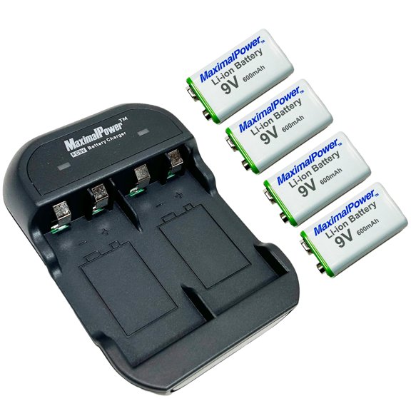 MaximalPower 9V Li-ion Batteries (4 Pack) and Dual Port Charger for Charging 9V li-ion Rechargeable Batteries