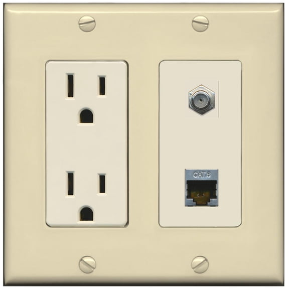 RiteAV - 15 Amp Power Outlet 1 Port Coax Cable TV- F-Type and Shielded Cat6 Ethernet Wall Plate - Ivory/Light Almond