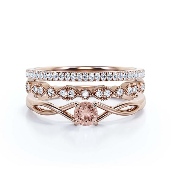 Infinity Loop Minimalist 1.50 Carat Round Cut Morganite Engagement Ring, Twisted Wedding Band in10k Solid Rose Gold, Promise Ring, Anniversary Gift, Trio Set, Matching Band