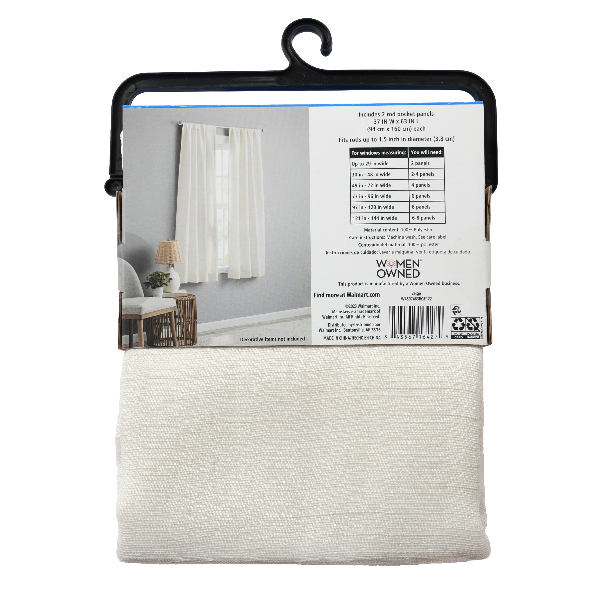 Mainstays Light Filtering Beige Curtains For Bedroom And Living Room, Linen Look, 2 Panel Set