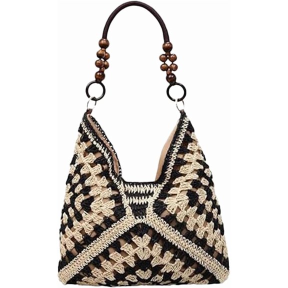 Women's Handmade Woven Straw Shoulder Bag, Beaded Crochet Large Bohemian Tote with Inner Pouch for Summer Beach Vacation
