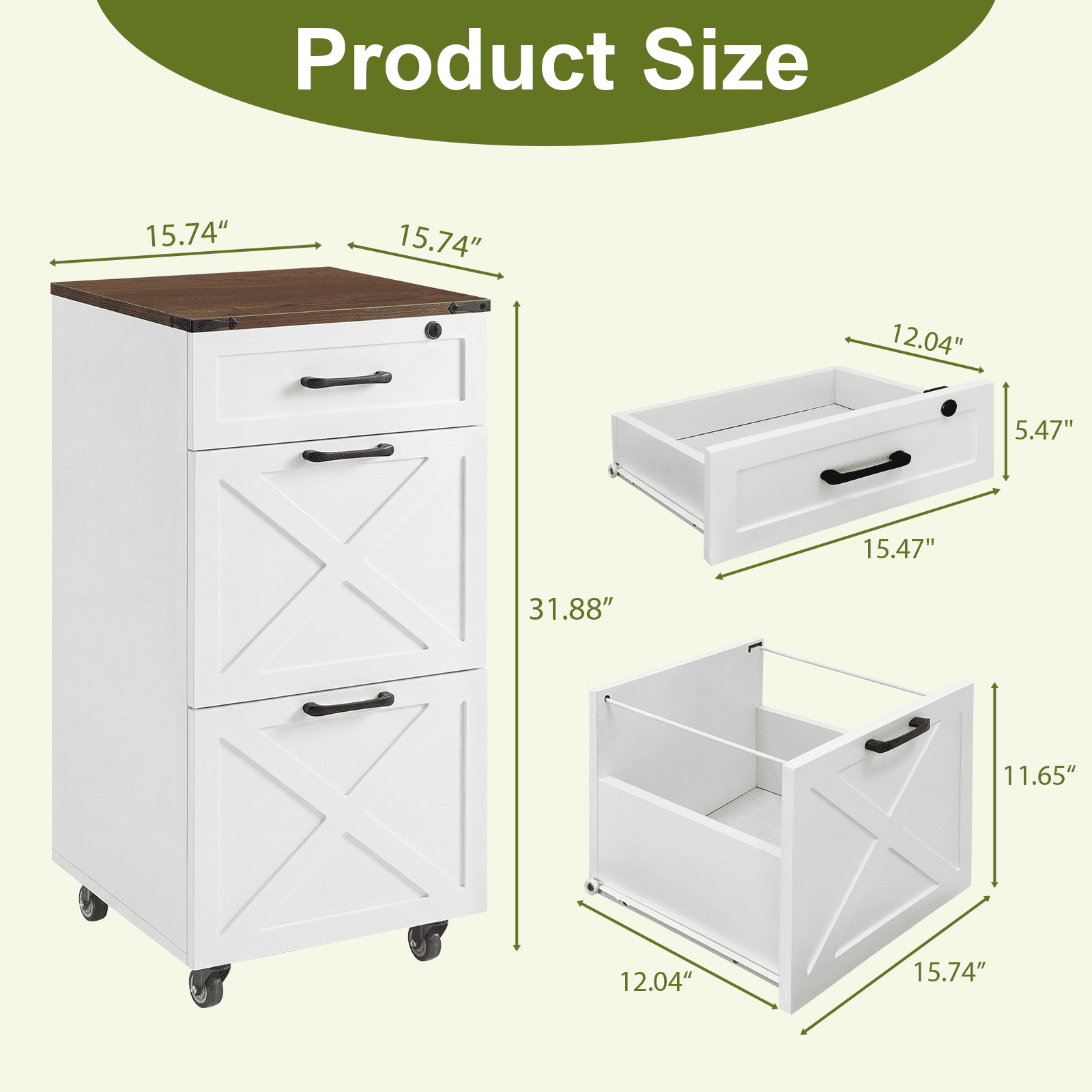 Leumius 3-Drawer File Cabinet with Wheels,Rustic Farmhouse Vertical Rolling Storage Cabinet,Printer Stand & Mobile Organizer for Letter/A4,White