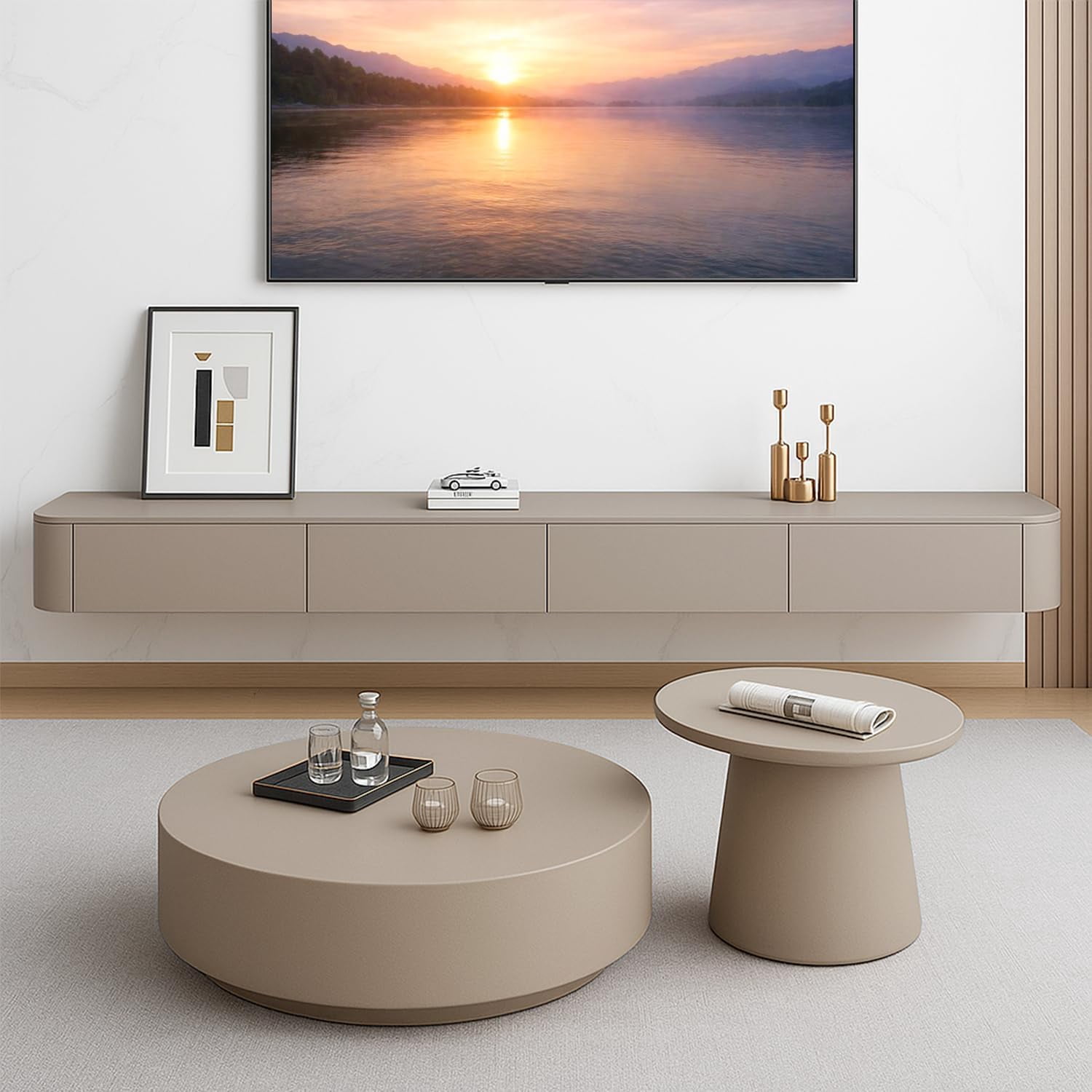 Modern Floating TV Unit with LED Lighting | Wall-Mounted Entertainment Media Console | Large Storage TV Bench for Living Room & Office (Khaki, 102.3'')