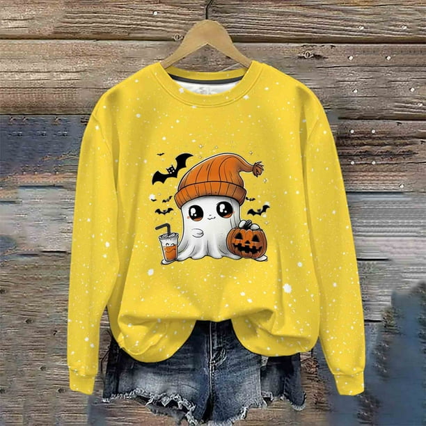 Heisall Womens Hoodies Halloween-themed Sparkling Print Round Neck Long Sleeve Fleece-lined Casual Sporty Fashion Sweatshirts