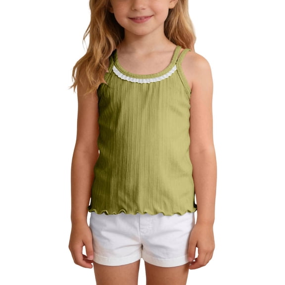 Girls Modal Camisole Crew Neck Sleeveless Lace Trim Tank Top Summer Casual Comfy Undershirt Tops for 3-13 Years