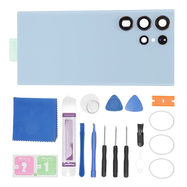 Cubierta trasera de repuesto con lente de cámara preinstalada y kit de herramientas de reparación para Samsung Galaxy S23 Ultra, color azul.