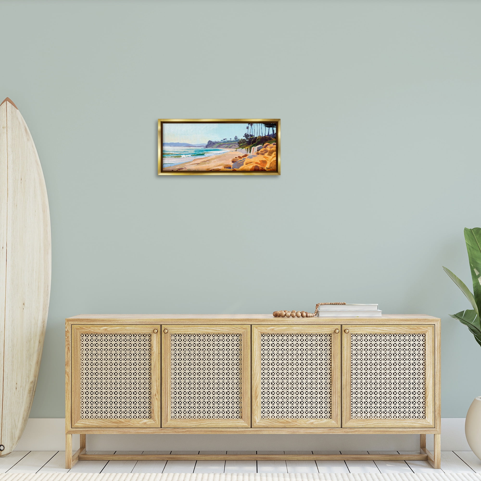 Stupell Industries Summer Beach Landscape Painting Nature Painting Gold Floater Framed Canvas Art Print Wall Art, 25 x 11
