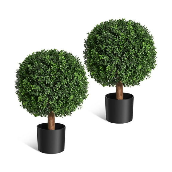 24 Inch Home Decor Artificial Topiary Boxwood Ball Trees, Set of 2 UV Resistant Plants,Faux Boxwood with 6"x5" Pots for Front Porch, Indoor Walkway, Entryway Decorating
