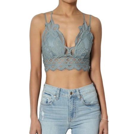 

Women s Cross Strap & Stretchy Smocked Back Crochet Lace Bralette Pad Bra Top