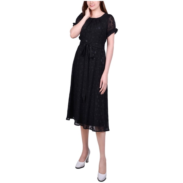 NY Collection Womens Swiss Dot Pin Tuck Midi Dress, Black, Petite, P/PS