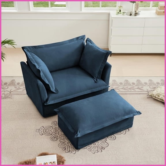 Modern Chenille Upholstered Armchair & Ottoman Set – Deep Seat, Removable Covers, Blue for Living Room