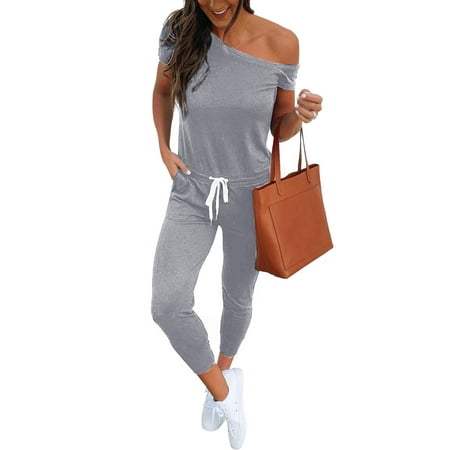 Dressy Short Jumpsuit Women Off Shoulder Elastic Waist Beam Foot Jumpsuit Rompers Summer Casual Short Sleeve Loose Playsuit Pants with Pockets ()
