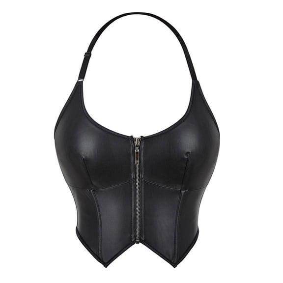 Xfvqtps Leather Halter Corsets for Women Front Zipper Boned Overbust Corset Bustier Shapewear Black
