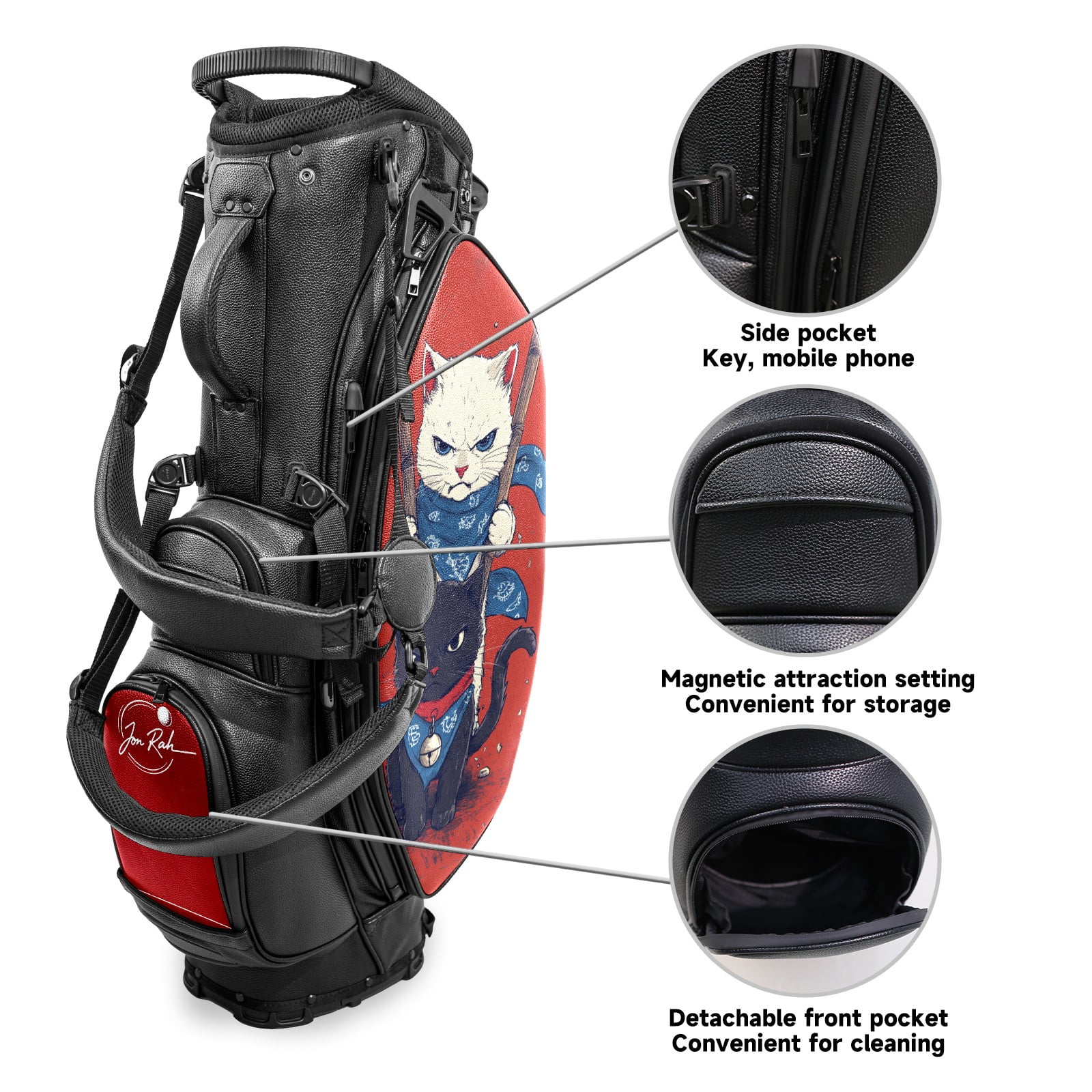 Black 5 Ways Divider Golf Bag Waterproof Leather Golf Stand Bag Large Capacity & Versatile Personalized Customized Printing Golf Club Bag for Men Women Jongolfball