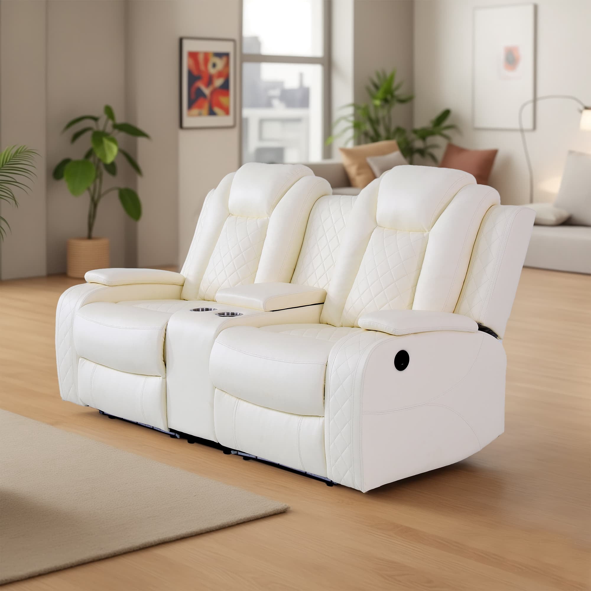 MAYEERTY Power Reclining Loveseat, Electric 2-Seat Leather Recliner with USB Charging, Storage & Cup Holders for Living Room, White