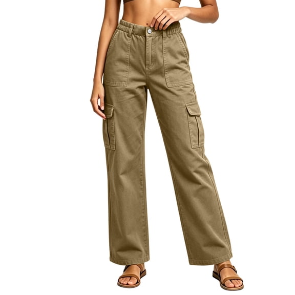 Women's Cargo Denim Pants, Solid Color Multi-Pocket Long Trousers, Utility Streetwear Jeans With Functional Pockets Khaki XL