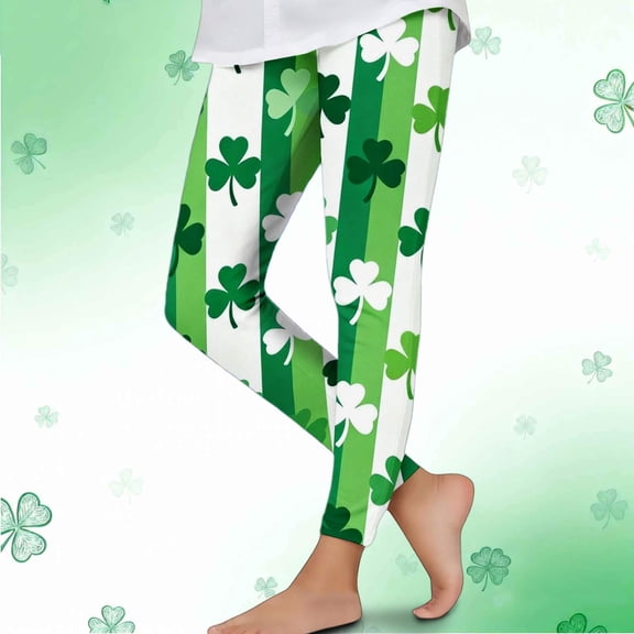 Avrnliq St. Patrick's Day Girls Leggings, Green Striped Shamrock Clover Print, Stretchy Pants for Kids 4-10 Years, Machine Washable Festive Activewear,Size 5 T
