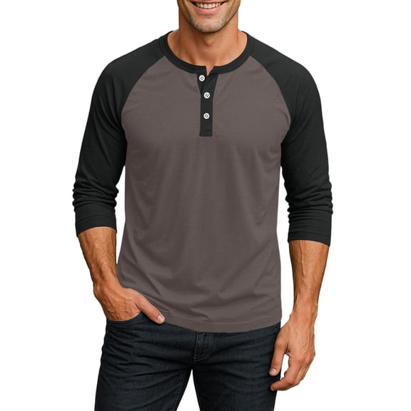 3/4 Sleeve Shirt Men Button Henley Baseball T-Shirts Fall Casual Sport Athletic Jersey Tee Tops Brown 3XL