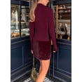 thumbnail image 4 of Women'S Elegant Bodycon Faux Fur Trim Dress High Neck Long Sleeve Mini Dress Wine Red M, 4 of 9