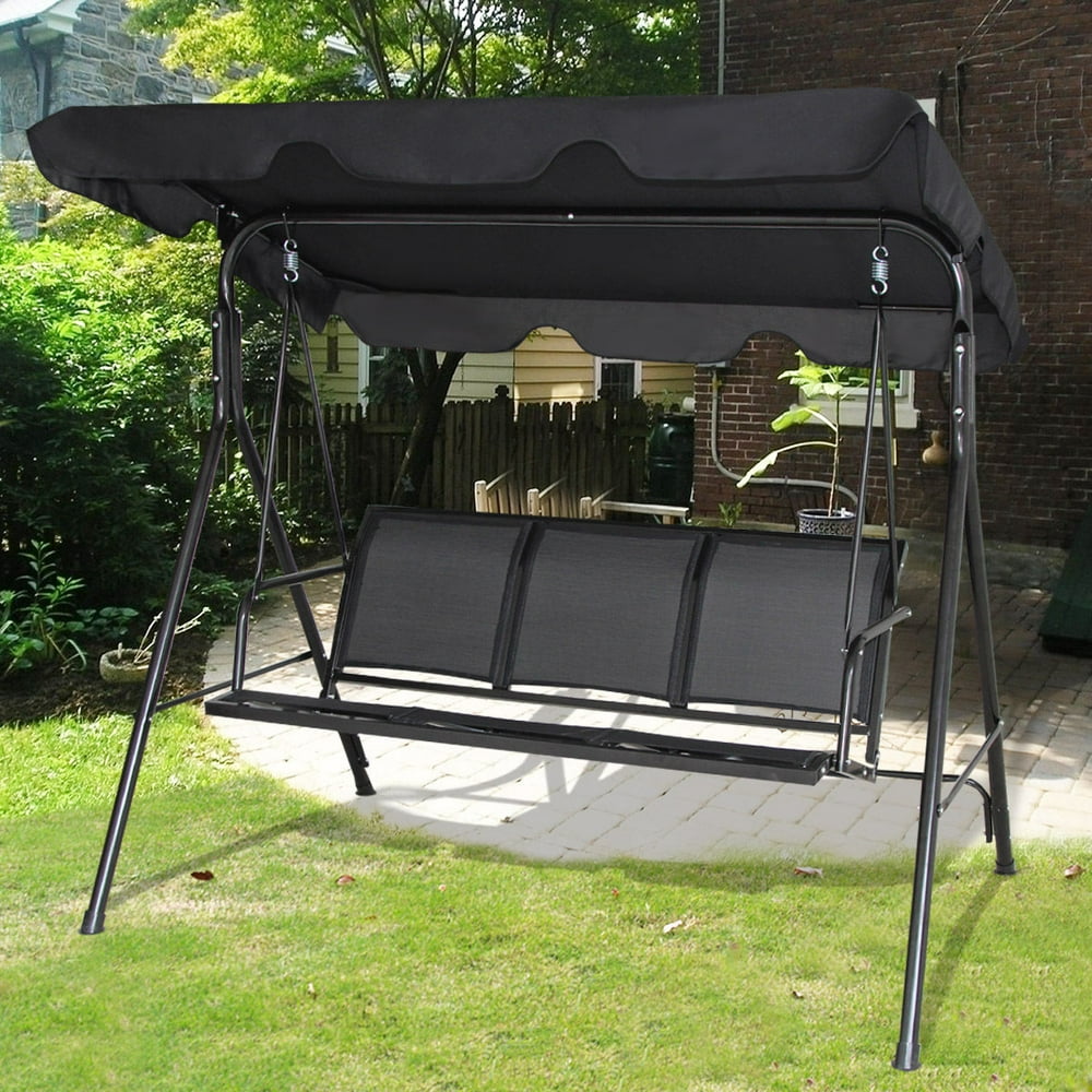 Gymax Black Outdoor Swing Canopy Patio Swing Chair 3 Person Canopy