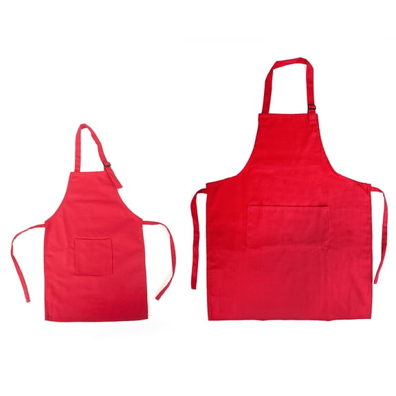 Opromo Colorful Cotton Canvas Kid's & Adult's Aprons with Pocket, Artist Apron & Chef Apron in Set (Red, 21"L x 13"W/29"L x 24"W)