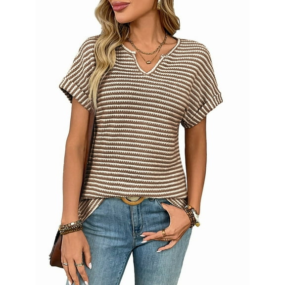 Womens Dressy Casual Cap Short Sleeve Tops Trendy Summer V Neck Loose Striped T Shirts Blouses Coffee Color L