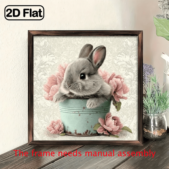 Cute Baby Bunny in Bucket Pink Flower Heart Shaped Wall Decor Sign, 8x8inch Acrylic Hanging Decorative Tag, Rustic Farmhouse Shabby Chic Art for Nursery Kids Room Living Room Bedroom, Gif
