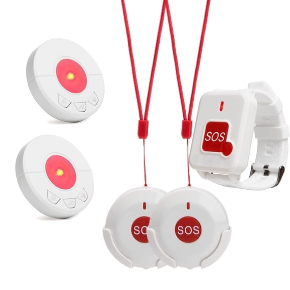 KOQICALL Home Medical Alert System Caregiver Pager Emergency SOS Button for Elderly Patient Disabled - 2 Receiver 2 Neck Hanging Button 1 Watch Button