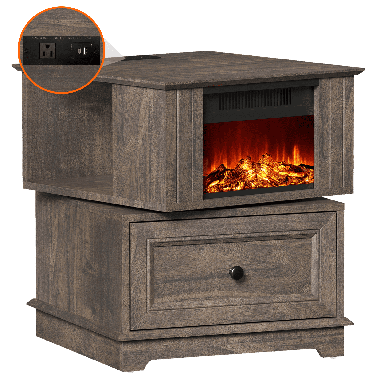 FAGAGA 19.7" Fireplace End Table with Charging Station, Rotating Square Side Table with Storage, Nightstand with Electric Fireplace Heater for Bedroom Living Room | Brown