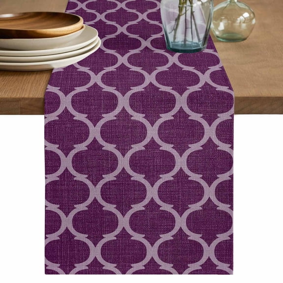 Table Runner 60 Inches Long for Kitchen Dining, Dark Purple Moroccan Dresser Scarf Farmhouse, Dining Table Decorations for Wedding/Parties, Country Abstract Quatrefoil Lattice 13 x 60 In