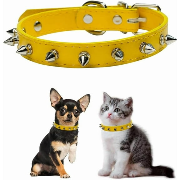 1Pack Spiked Dog Collar for Small Dogs,Anti-Bite Yellow Dog Collar,Protective Pet Neck Pu Leather Chihuahua Collar for Xs Small Medium Large Boy Dogs Male Cats