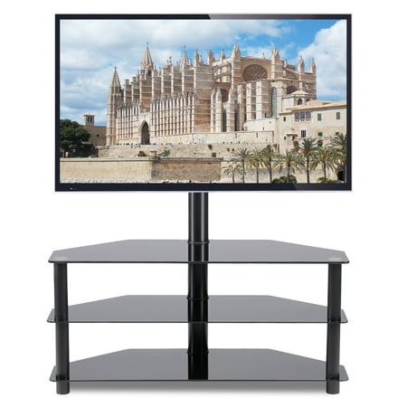 5Rcom Black Corner Floor TV Stand with Swivel M5Rcom unt Bracket for for 32 37 42 47 50 55 60 65 inch TVs, 3-Tier Tempered Glass Shelves for Audio Video TW2002-A