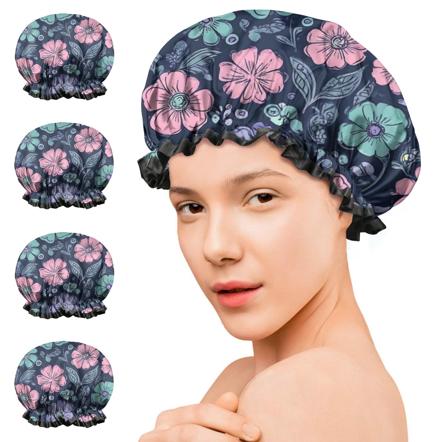 Shower Caps,Pioneer Flower Floral Print Pattern Waterproof Shower Cap for Women 4 Pieces,Double Reusable Hair Cover for Shower PEVA Elastic Stretch Hem