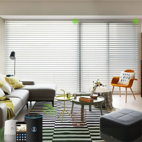 Yoolax Motorized Shangri-la Sheer Shade Remote Control Wireless Battery Rechargeable Window Blinds for Privacy(85% Shading White,71"W x 72"H)