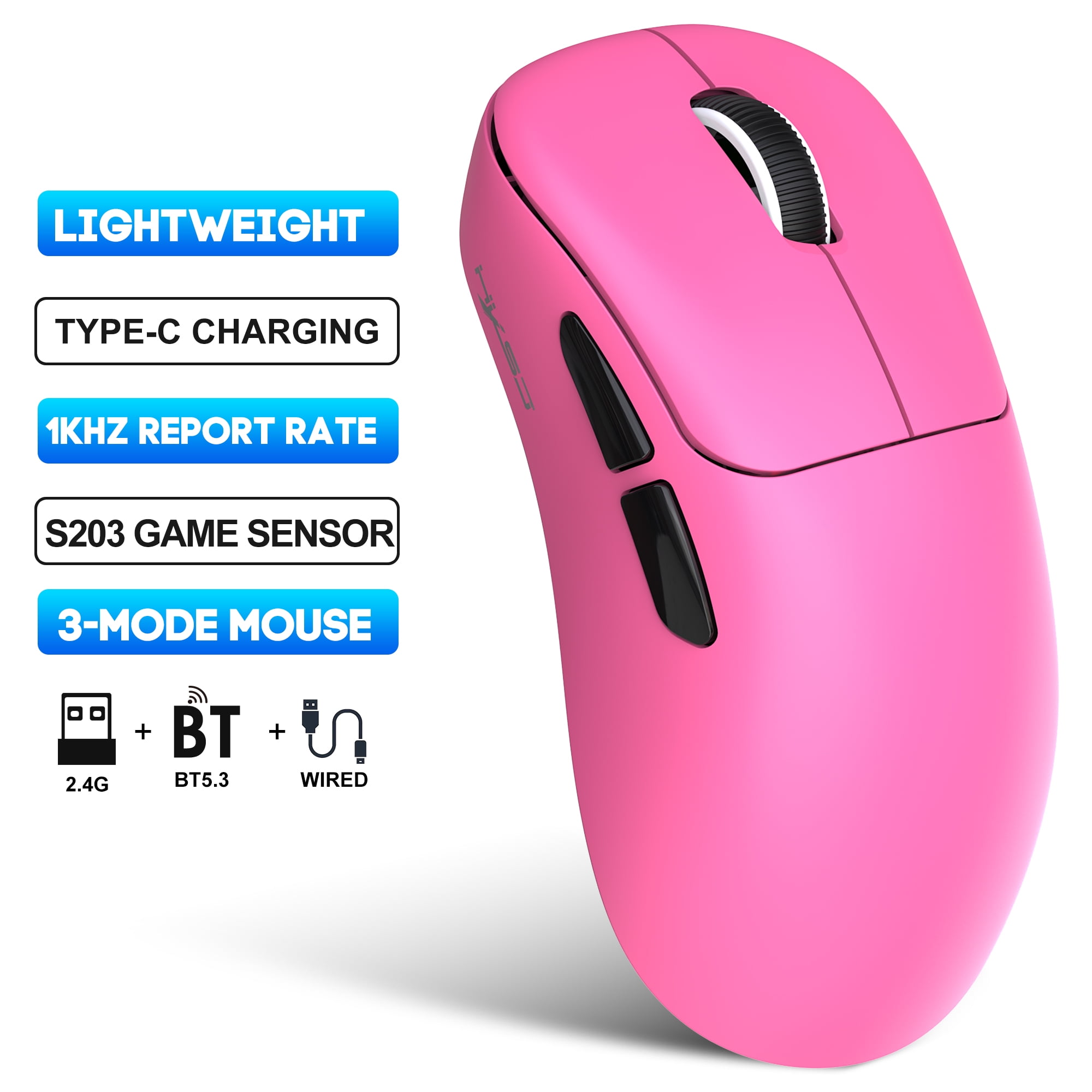 Wireless Gaming Mouse with 57g Lightweight Design,10000DPI,3 Mode USB-C/2.4G/Dual Bluetooth 5.3,Portable Rechargeable Mouse for PC/Mac/Laptop Gamer/Pink