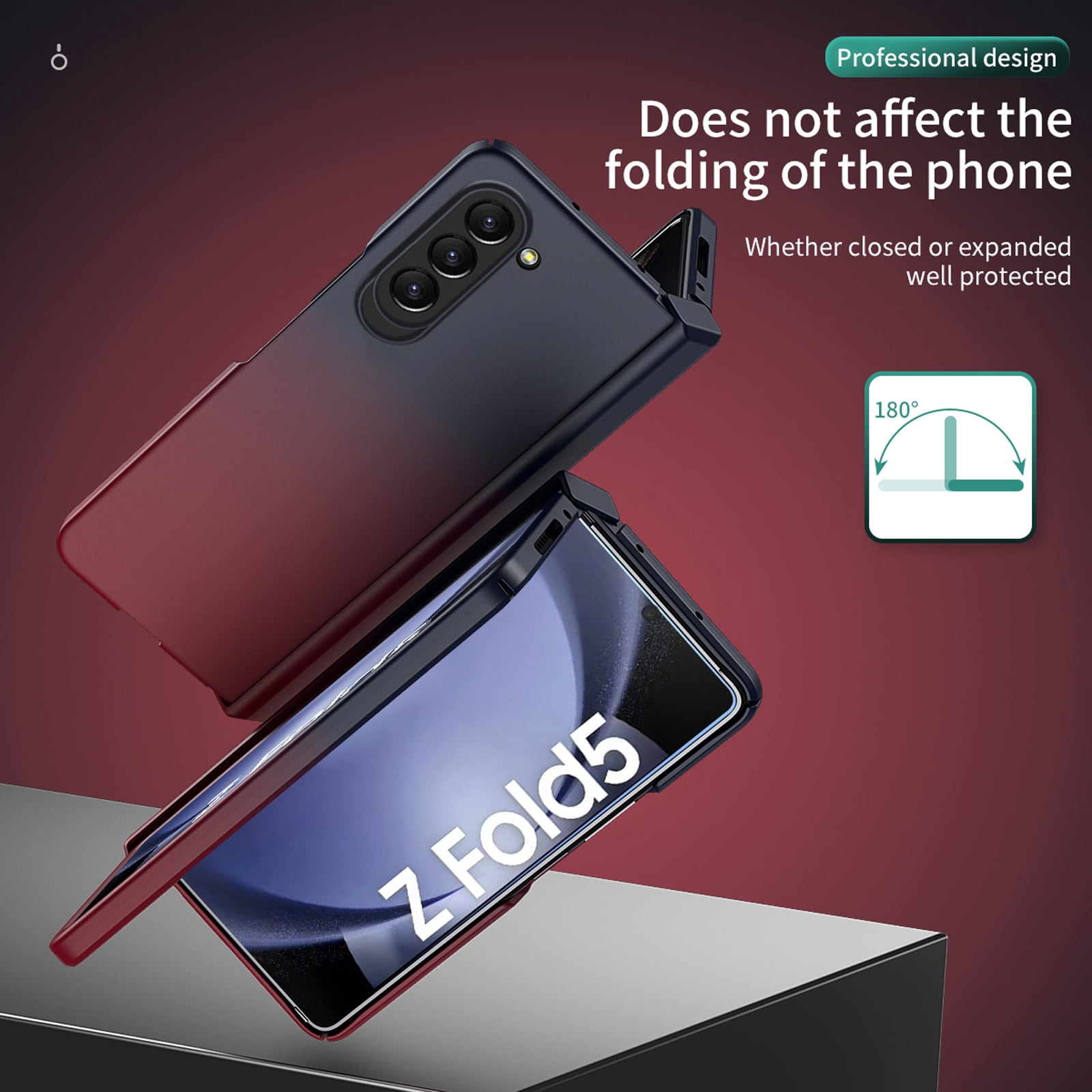 for Samsung Galaxy Z Fold 5 5G 2023 Case, Luxury Gradient Tempered Glass Drop Protection Matte Shockproof Hybrid Folding Flip Phone Case Cover for Samsung Galaxy Z Fold 5 5G 7.6 inch, Blue + Red