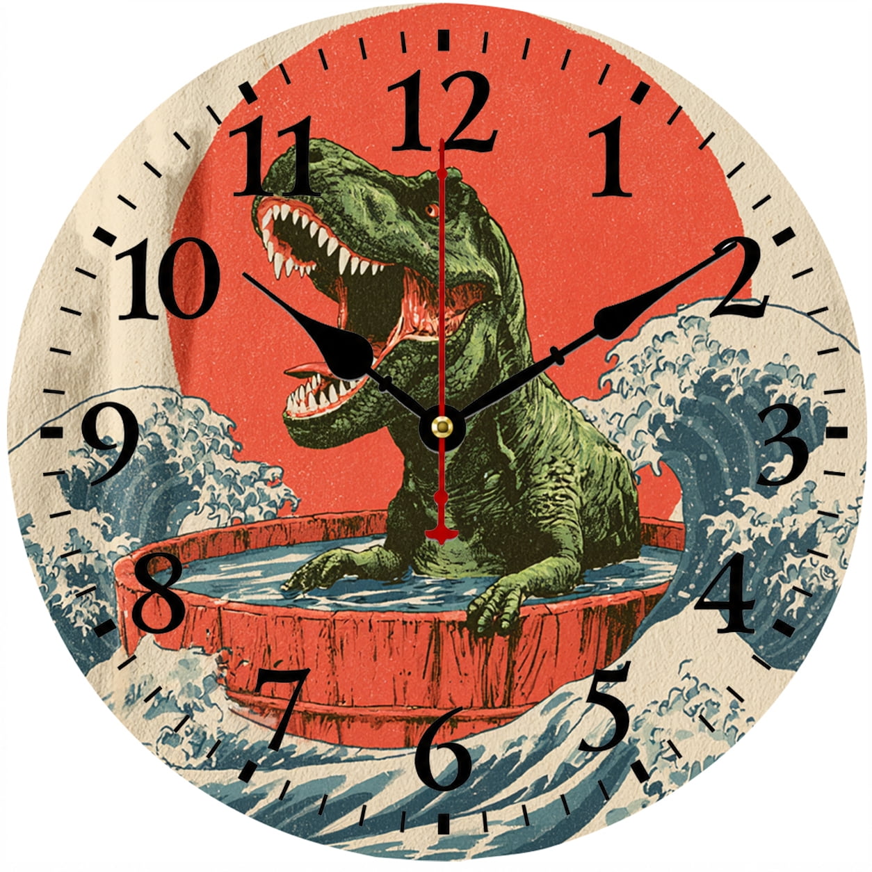 9.84 Inch Dinosaur Wall Clock, Vintage T-Rex Wave Battery Operated Analog Clock for Bedroom Living Room Office Decor
