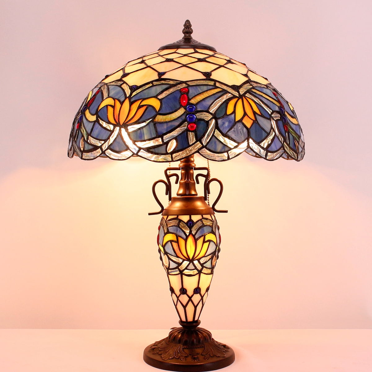Tiffany Lamp with Nightlight Rustic Large Blue Stained Glass Lotus Table Lamp Desk 24" Tall Vintage Base Lover Living Room Bedroom Bedside Nightstand Home Office Family  Led Bulb Included