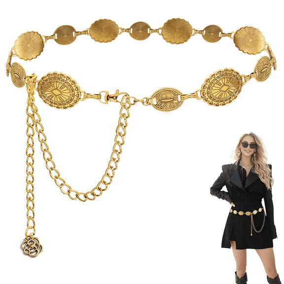 Western Metal Concho Belt for Women Cowgirl Boho Waist Chain Belt for Dresses Jeans Pants