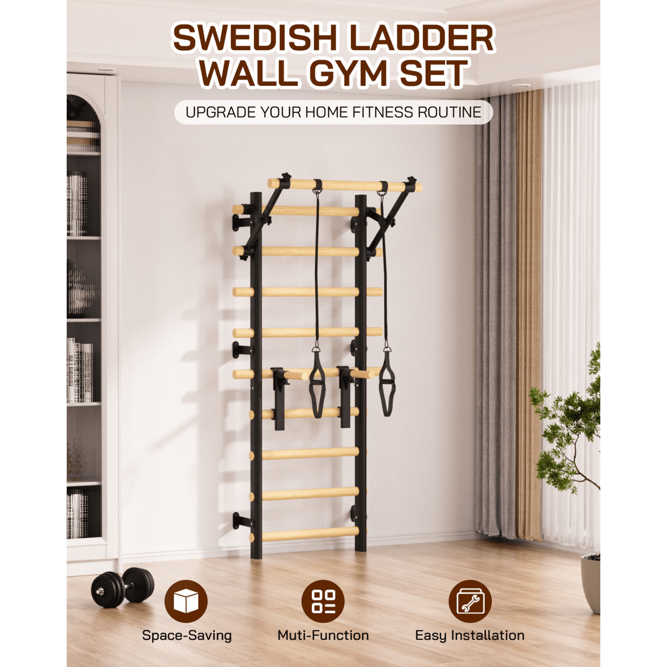 Cofiyard Swedish Ladder Wall Gym, Wooden Wall-Mounted Stall Bars with Pull-up Bar & Exercise Straps, Stretching Ladder Full Body Home Gym for Adults