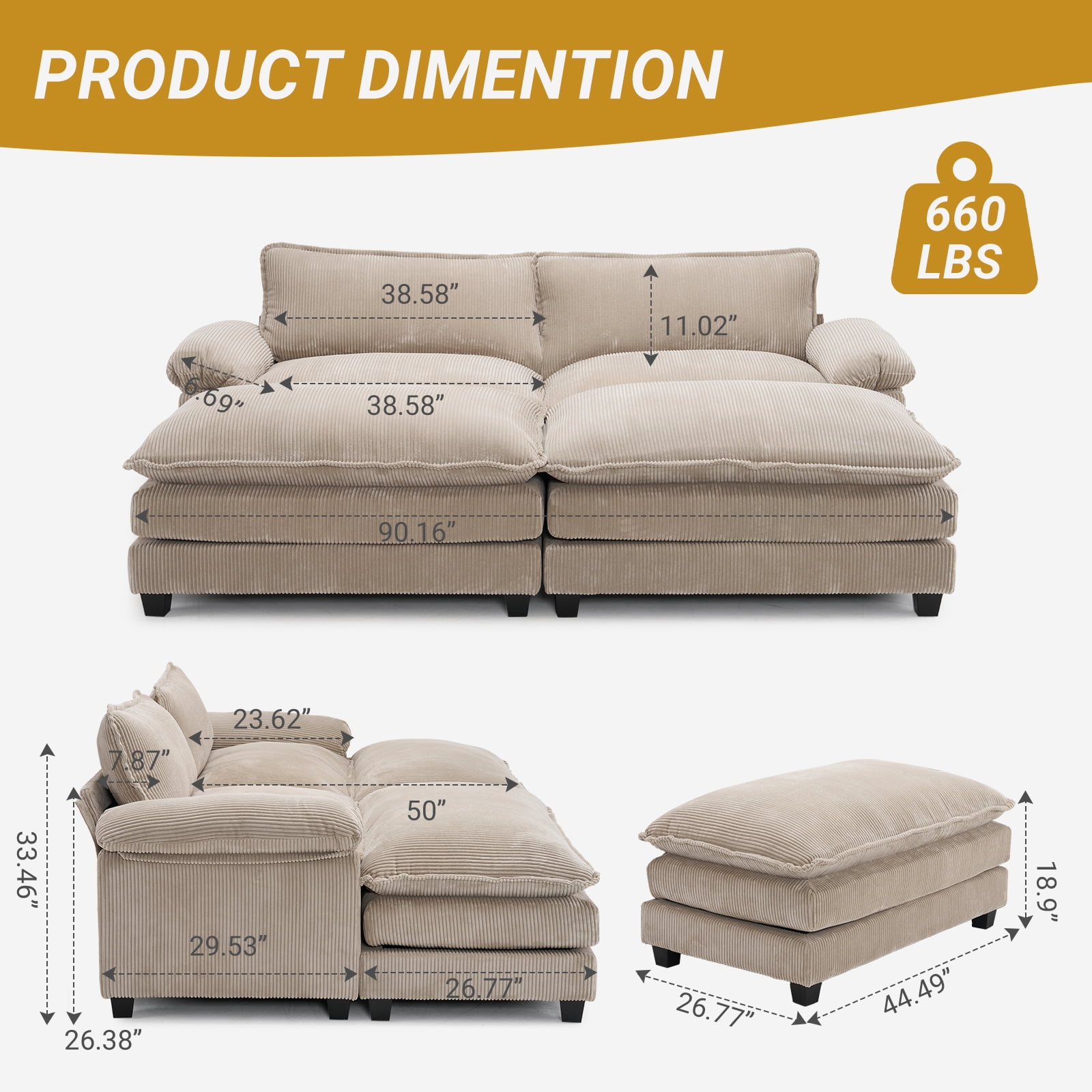 Ktaxon Corduroy Sofa Bed with Removable Ottoman, 90" Oversized Loveseat with Double Layer Cushions, Pillow Arms, Wood-Grain Legs for Living Room Bedroom Khaki