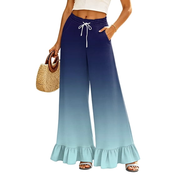 Sewkxo Womens Wide Leg Pants Drawstring Elastic High Waisted Ruffle Hem Palazzo Pants with Pockets,Cyan L