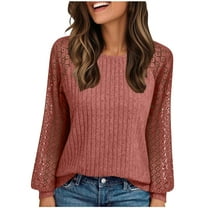 ABATAB Womens Long Sleeve Shirts Lace Tops Business Casual Fall Fashion Outfits Clothes Ribbed Knitted Hollow Sleeve Fashion Pullover(X-Large,Watermelon Red)