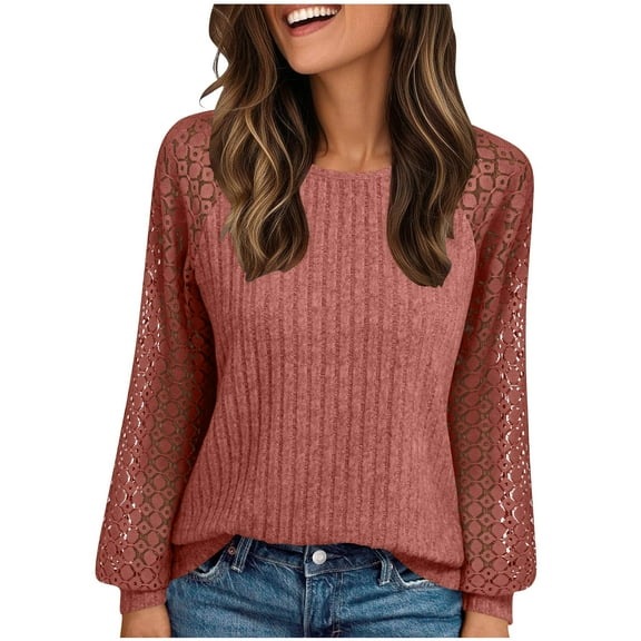 Annhoo Sweater Tops for Women Lace Long Sleeve Crew Neck Trendy Tunic Blouses Dressy Casual Ribbed Knit Pullover Shirts
