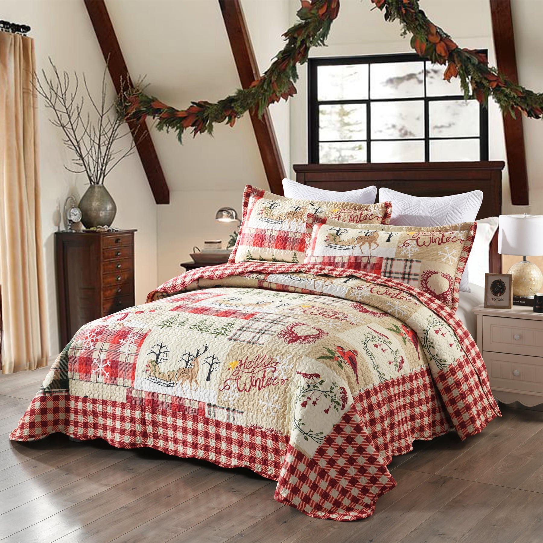 MarCielo 3 Piece Christmas Rustic Lodge King Size Deer Quilted Bedspread/Quilt