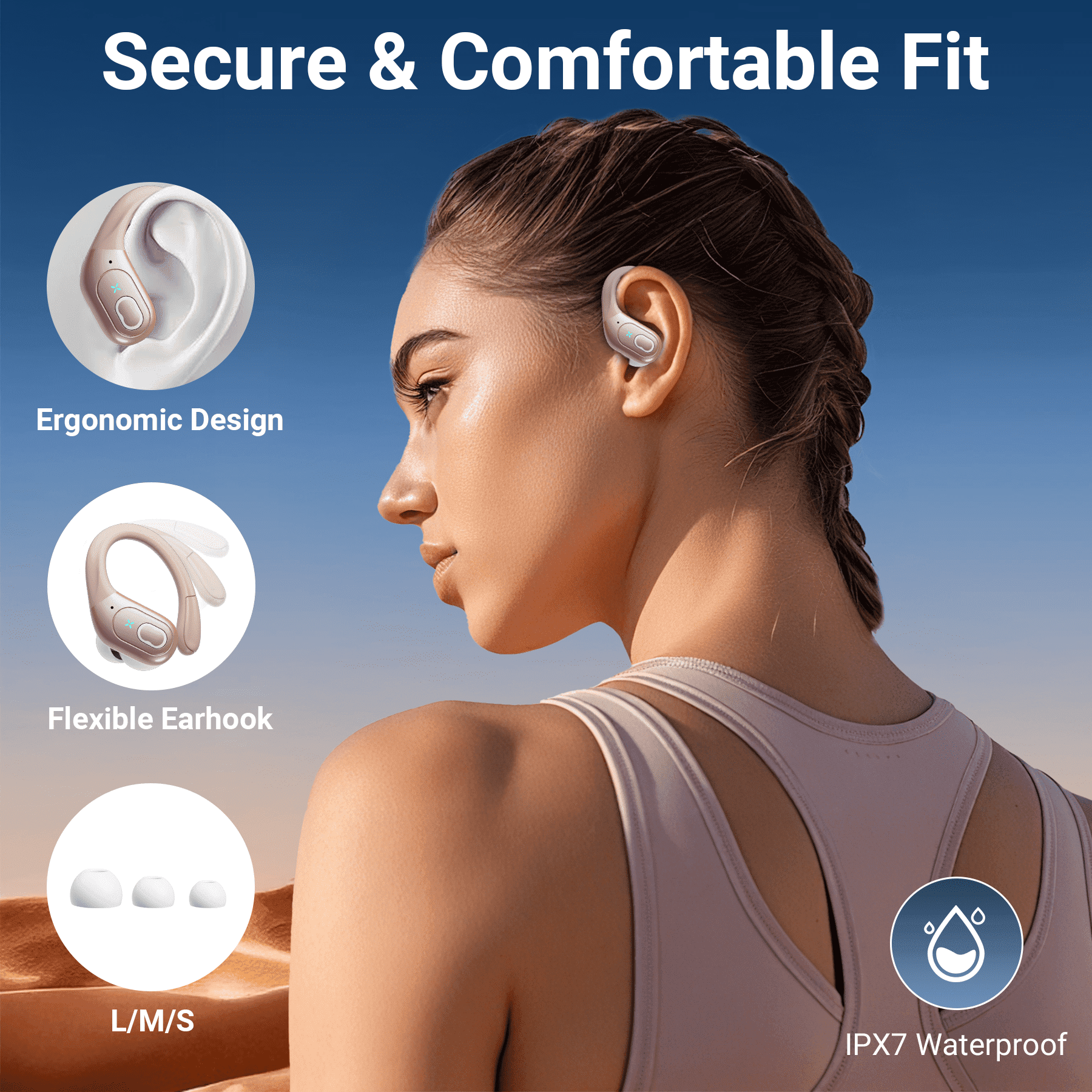 Headphones Wireless Earbuds Sport, Bluetooth 5.3 Over Ear Buds Stereo Deep Bass Headset with Earhooks, 80H Dual LED Display Wireless Earphones with ENC Noise Canceling Mic,for Running/Workout