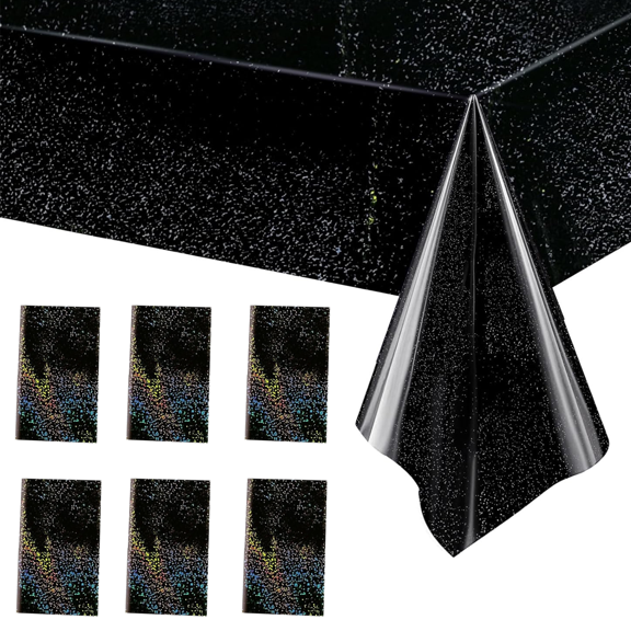 Black Holographic Foil Tablecloths - 6 Pack 40x108 Inch | Disposable Plastic Party Table Covers for Birthday,Wedding,Christmas Decorations | Holiday Party Supplies,Laser Shine Event Decor