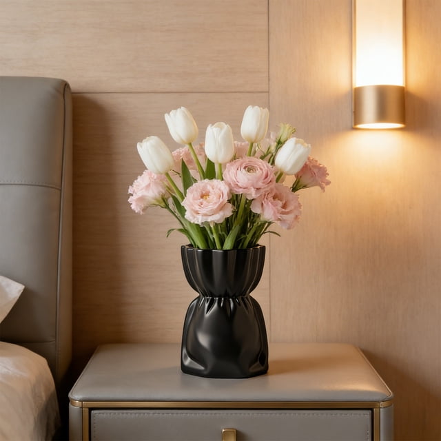 Imitation Ceramic Vase, Decorative Floral Arrangement With Frame Bracket Stability, for Desktop and Bookshelf Decor, Black